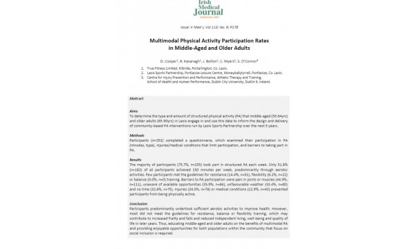 "Multimodal Physical Activity Participation Rates in Middle Aged and Older Adults". Our recent publication in the Irish Medical Journal.